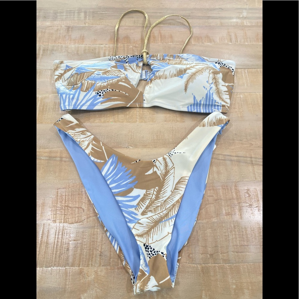 Aerie Swim Bandeau tropical glitter gold halter bikini SET top bottom  XL